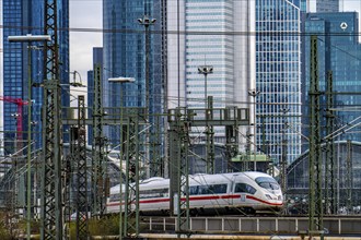 ICE train on the track in front of the main station of Frankfurt am Main, Skyline, Hesse, Germany,