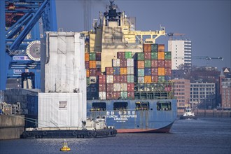 HHLA Container-Terminal Tollerort, container ship Hyundai Singapore during loading and unloading,