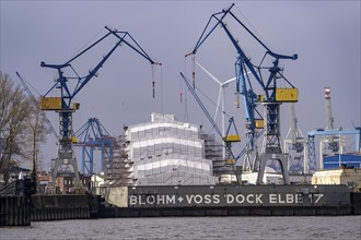 Port of Hamburg, Blohm + Voss shipyard, Dock Elbe 17, scaffolded ship, Hamburg, Germany, Europe