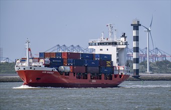 Container freighter A2B ENERGY, view from the Hoek van Holland to the harbour entrance to the