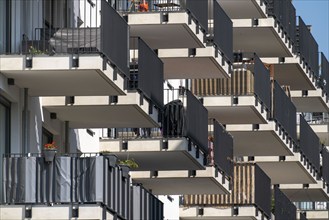 Balconies of a residential building, facade with many balconies, in Düsseldorf