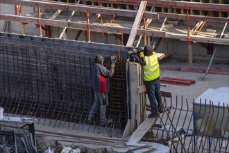 Construction site, reinforced concrete reinforcement bars, motorway construction site, part of a