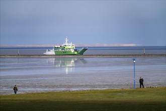 North Sea dyke, near Neuharlingersiel, ferry to the island of Spiekeroog, Lower Saxony, Germany,