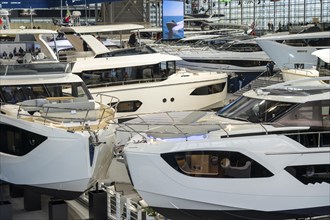 Large yachts, luxury yachts, in Hall 6 of BOOT 2024, the world's largest yacht and water sports