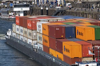 Container freighter, Milliennium II, as a coupling unit, on the Rhine, riverside promenade, from