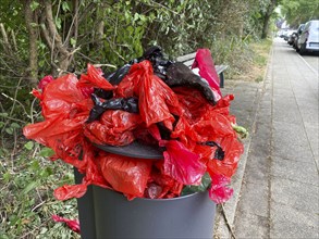 Overflowing rubbish bin, with lots of rubbish, overfilled with dog faeces bags, on a wall path in