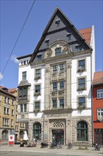 Historic Restaurant Goldnes Einhorn, golden, golden, gable with decorations, Domplatz, Erfurt,