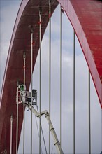 A42 motorway bridge, over the Rhine-Herne Canal, with massive structural damage, workers, with