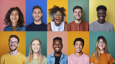 Diverse group of men posing for portraits. Multiple portraits with colored backgrounds, AI