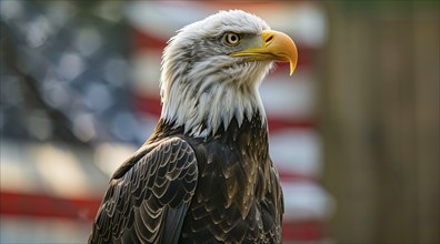 A bald eagle stands in front of an American flag, AI generated