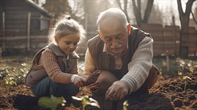 Elderly grandfather planting some spring plants with his granddaughter in the garden, generative