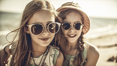 Two young girlfriends posing wearing sunglasses having fun on the beach, generatvie AI, AI