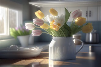 Vase of colorful spring tulip flowers on the counter in kitchen, generative AI, AI generated