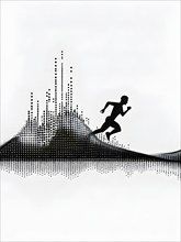 Wave of data points shaping into a runners silhouette, abstract illustration in black and white,