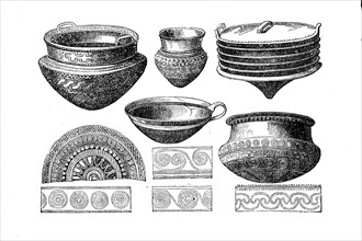 Bronze Age, bronze bowls with ornaments, found in Denmark, illustration from 1890, historical,