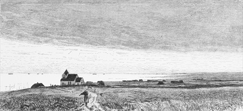 View of the Halligen, North Frisia, North Sea, Schleswig-Holstein, Germany, horizon, church, grain,