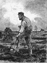 Farmer cutting peat, East Frisia, Lower Saxony, moor, work, spade, stack, house, plants, laborious,