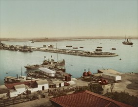 Port Tewfic, Entrance to the Suez Canal, Egypt, Historical, digitally restored reproduction from a