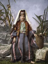 Young woman from Bethlehem in typical traditional costume, Holy Land, Historical, digitally