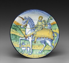 Plate, Man riding a unicorn, circa 1510, circle by Jacopo Caffagiolo Italy . Tin-glazed