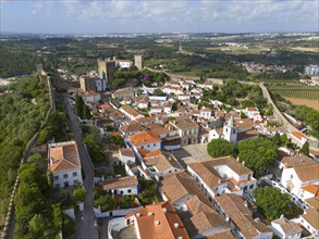 Aerial view of a historic town with red roofs, surrounded by castle walls, embedded in a green