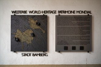 Commemorative plaque, sign, World Heritage Bamberg, World Heritage, Patrimone Mondial, Bamberg,