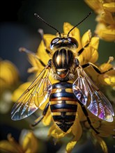 Macro of a hoverfly (Syrphidae), with its striped abdomen and metallic-like wings shimmering in the