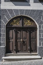 Old wooden door from a historic town house in Kronengasse, Ulm, Baden-Württemberg, Germany, Europe