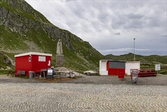 Gotthard Pass, pass summit with closed snack bar. Mountain scenery and landscape near Airolo,