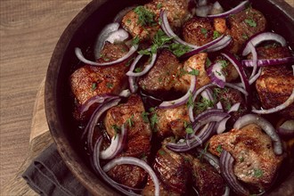 Fried meat, pork kebab, ketsi in a clay pan, with red onions and herbs, homemade, no people