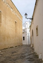 Narrow, cobbled alleyway between sand-coloured and white buildings with nostalgic alleyway