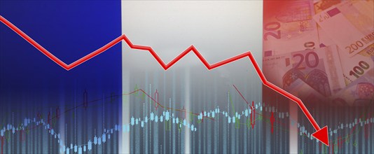 France financial crisis on economic graph, economic collapse. Financial fall of the French economy