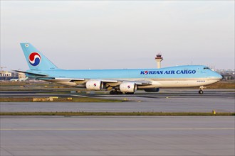 A Boeing 747-8F aircraft of Korean Air Cargo with the registration number HL7617 at the airport in