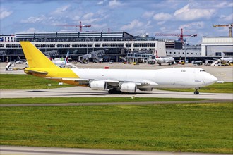 An Atlas Air Boeing 747-8F aircraft with the registration number N852GT at Stuttgart Airport,