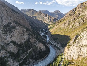 Mountain landscape with river in a narrow mountain valley in autumn, Little Naryn or Kichi-Naryn,