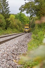 A yellow train runs along the tracks through a wooded area in autumn, tamping machine, Hermann