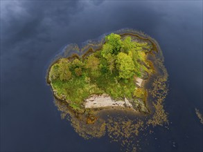 Heart-shaped island, aerial view, cloudy, autumn, Loch Leven, Scotland, Great Britain