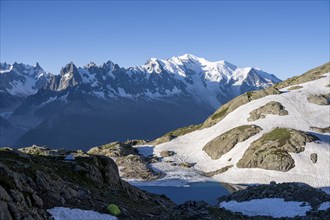 Mountain landscape in the morning light with mountain lake Lac Blanc, mountain peak of Mont Blanc,