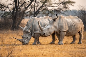 Southern white rhinoceros (Ceratotherium simum simum), two rhinos in the evening light, Khama Rhino