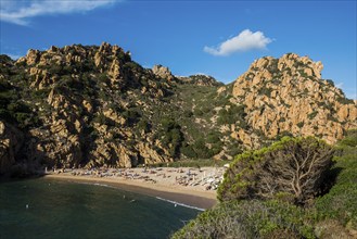 Red rocks and picturesque beach, Spiaggia di Cala li Cossi, Costa Paradiso, Sardinia, Italy, Europe