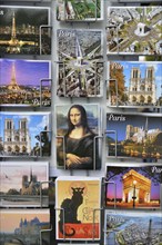 Postcards at a kiosk, Mona Lisa, Paris, France, Europe