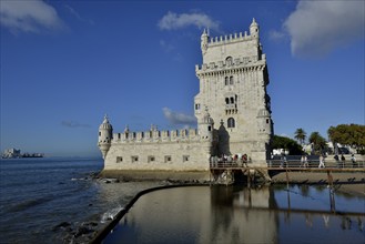 Torre de Belém tower, built in 1520 by Manuel I, UNESCO World Heritage Site on the banks of the