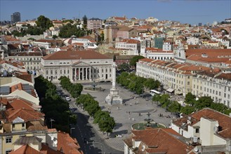 View over Rossio Square or Praca Dom Pedro IV, with Teatro Dona Maria II National Theatre,