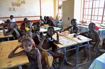 Himba pupils sitting in a classroom at the Omohanga Primary School, Himba school, Omohanga,