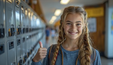 Cute caucasian school girl giving a thumbs up in the hallway of her school. generative AI, AI