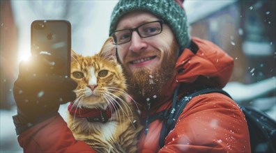 A man taking a selfie with his cat. Concept of warmth and affection between the man and his pet, AI