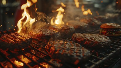 Several beef steaks sizzling on the BBQ. generative AI, AI generated