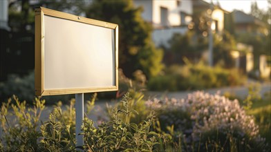 Blank real estate sign ready for your message in front of house. generative AI, AI generated