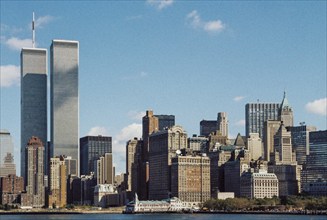 Manhattan with the World Trade Center, early 1990s, analogue photo, New York, USA, North America