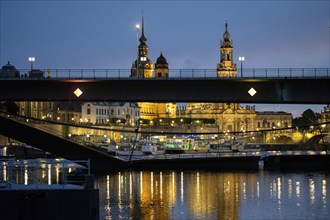 Partial collapse of the Carola Bridge in Dresden with the Church of Our Lady and Semperoper in the